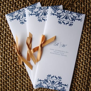 Navy blue Wedding Programs, gold Wedding Programs, Satin ribbon elegant Wedding ceremony Programs, formal wedding program cards, romantic