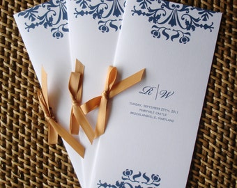 Navy blue Wedding Programs, gold Wedding Programs, Satin ribbon elegant Wedding ceremony Programs, formal wedding program cards, romantic