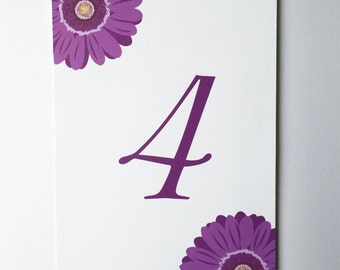Gerber Daisy Table Number Card, purple Wedding table card, Reception table card, modern table number, elegant table number, floral card