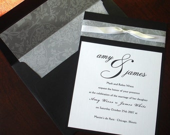 Black, White Vellum Bow Wedding Invitation, Lined Envelope, unique, Elegant, Romantic, formal, Traditional Wedding Invitations - Sample