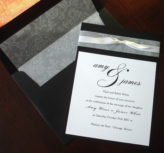 Black White Vellum Bow Wedding Invitation Lined Envelope