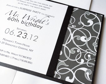 Male Custom 60th Birthday party Invitations, Modern Masculine Wedding Invitation, Black Grey Retirement, 50th Anniversary, engagement invite