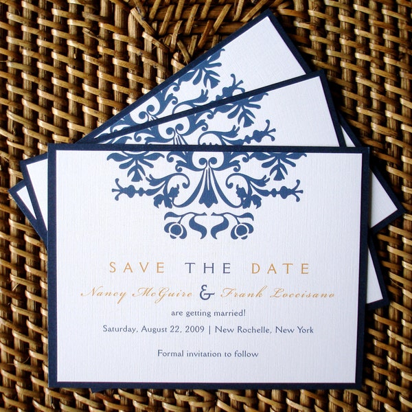 Tarjetas de "Reserva la fecha" en dorado y azul marino, hermosas tarjetas de "Reserva la fecha" para bodas, elegantes invitaciones de "Reserva la fecha", invitación romántica de "Reserva la fecha"