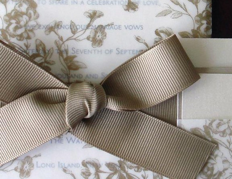 translucent Romantic wedding invitations cream and gold wedding invitation ribbon Vellum Rustic floral Wedding Invitation
