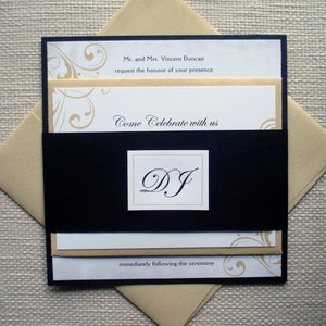 Black and Gold Elegant Wedding Invitation set, Formal Flourish wedding invitations, Unique Romantic Regal Wedding suite, bat mitzvah invites image 1