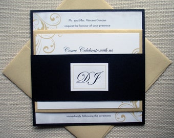 Black and Gold Elegant Wedding Invitation set, Formal Flourish wedding invitations, Unique Romantic Regal Wedding suite, bat mitzvah invites