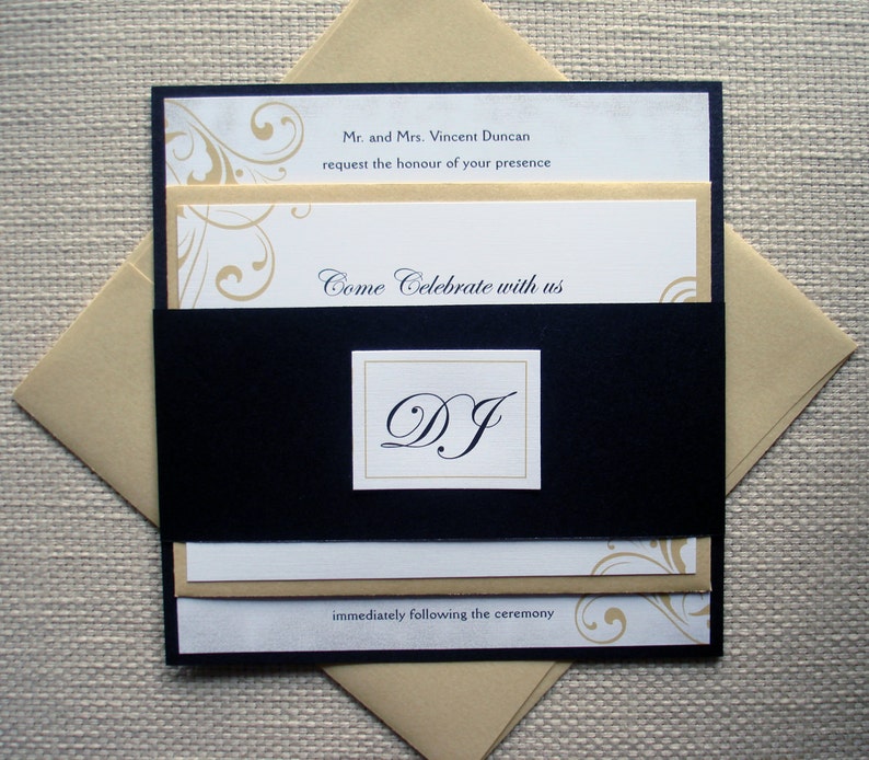 Black and Gold Elegant Wedding Invitation set, Formal Flourish wedding invitations, Unique Romantic Regal Wedding suite, bat mitzvah invites image 1