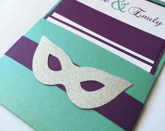 Purim, Mask, Pocket Bat mitzvah Invitation, Modern bat mitzvah, masquerade Wedding invitation, Teal, turquoise, Purple, aqua, sweet 16
