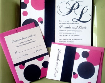 Black Hot pink fun Wedding Invitation, Modern Bold wedding invitations, Unique polka dot wedding invite, creative bat mitzvah, sweet 16