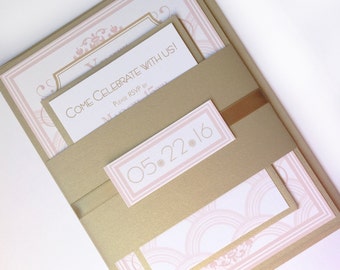 Art Deco Hochzeitseinladungs-Set, rosa Einladung, Goldhochzeitseinladung, elegante Einladung, romantische Einladung, schöne Einladungen