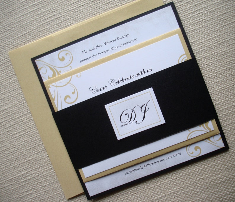 Black and Gold Elegant Wedding Invitation set, Formal Flourish wedding invitations, Unique Romantic Regal Wedding suite, bat mitzvah invites image 2