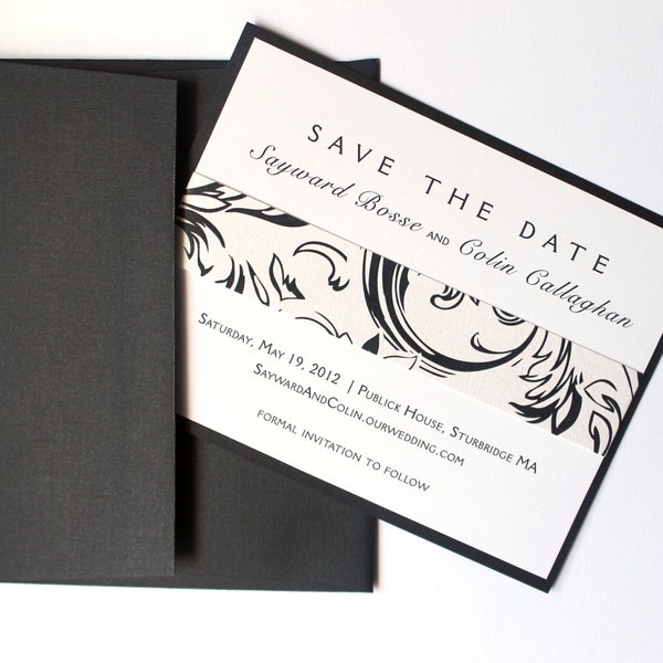 Boda en blanco y negro Guardar las tarjetas de fecha, boda elegante guardar la tarjeta de fecha, guardar las fechas únicas, guardar las fechas formales, corbata negra