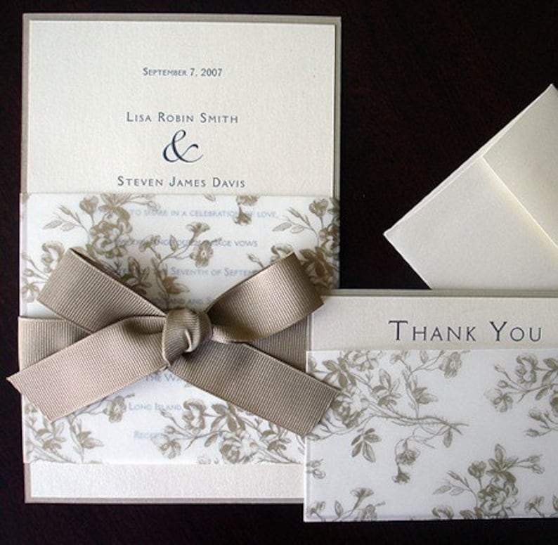 translucent Romantic wedding invitations cream and gold wedding invitation ribbon Vellum Rustic floral Wedding Invitation