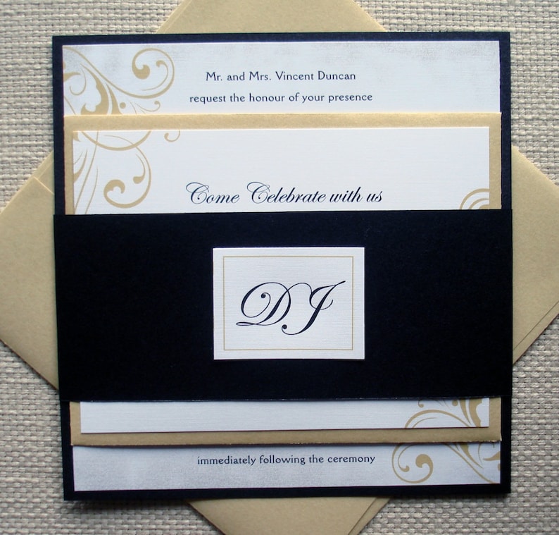 Black and Gold Elegant Wedding Invitation set, Formal Flourish wedding invitations, Unique Romantic Regal Wedding suite, bat mitzvah invites image 3