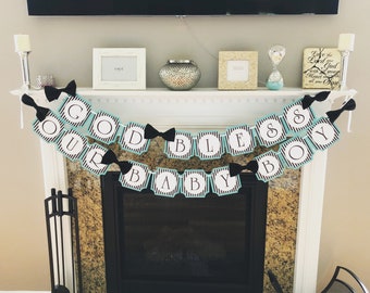 Bow tie baby shower Banner, Little Man baby shower Banner, unique Baby Shower, Baby boy shower, Birthday party banner, Black white aqua blue