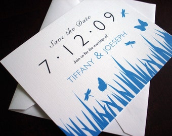 Butterfly Save the Date card, Dragonfly save the date, Summer, Spring wedding save the date, Grass Garden, modern, fun, playful, unique card