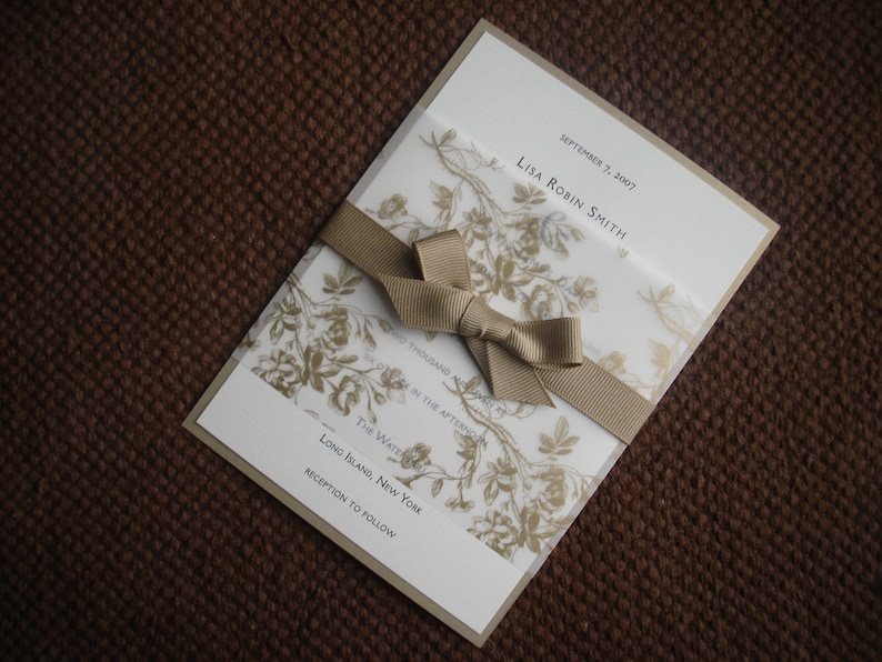 translucent Romantic wedding invitations cream and gold wedding invitation ribbon Vellum Rustic floral Wedding Invitation