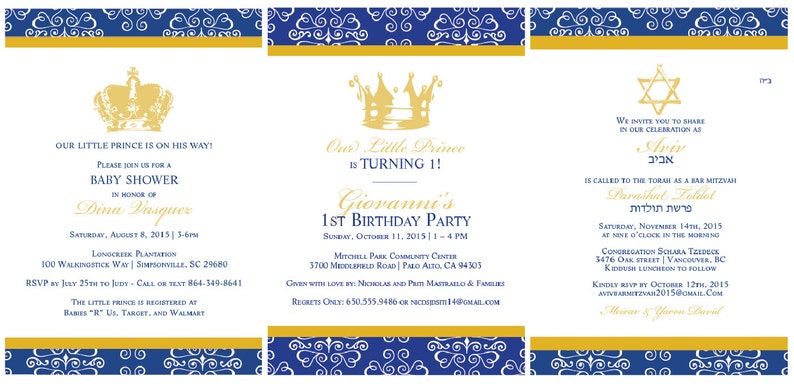 Op de afbeelding: Drie uitnodigingen met blauwe en gouden randen. De eerste uitnodiging is voor een babyshower, de tweede is voor een eerste verjaardagsfeest en de derde is voor een Bar Mitzvah. Alle drie uitnodigingen hebben een kroon- en sterrendesign.