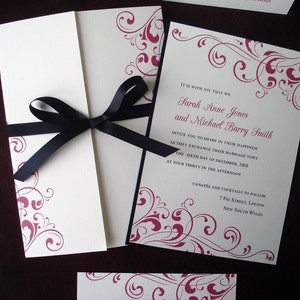 Wedding Invitation, Flourishes, Gatefold, Unique, Romantic, Fuchsia, Cream, bow, Elegant wedding invitations, bat mitzvah -Deposit to Start