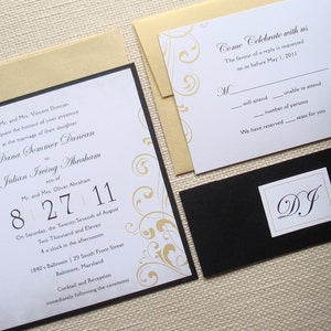 Black and Gold Elegant Wedding Invitation set, Formal Flourish wedding invitations, Unique Romantic Regal Wedding suite, bat mitzvah invites image 5