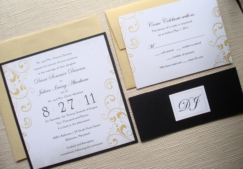 Black and Gold Elegant Wedding Invitation set, Formal Flourish wedding invitations, Unique Romantic Regal Wedding suite, bat mitzvah invites image 5