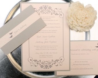 Victorian Love Bird Wedding Invitation set, Blush Pink, Gray Belly Band, Classic, Romantic, Unique Wedding Invitations, elegant Invite suite