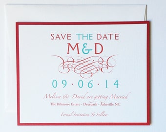 Red Wedding Save the Date cards, Aqua save the date card, scroll save the dates, turquoise save the dates, elegant save the date invitations