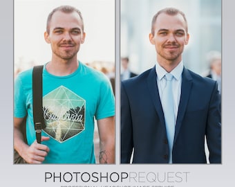 May include: A side-by-side comparison of a man in a casual outfit and a man in a formal suit. The man on the left is wearing a turquoise t-shirt with a geometric design and a black backpack strap. The man on the right is wearing a dark blue suit with a light blue tie.