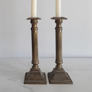 Neoclassical Columnar Candlesticks, A Pair - Solid Brass, Vintage 1970s or older, heavy, Traditional home decor