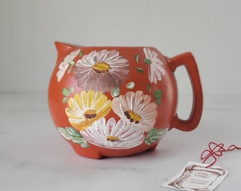 1930s Ransburg Hand-painted Squat Pitcher - Red Orange Floral Design, Chippy Painted Patina, 5.5 Cup Capacity, Unexpected Red Theory