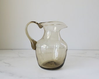 Handblown Smokey Glass Pitcher- Vintage + Handmade, Unmarked, Host or Hostess Gift for Spring Party