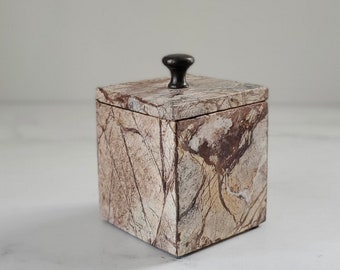 Square Marble Lidded Vessel - heavily veined - Home Decor, Office or Bathroom storage