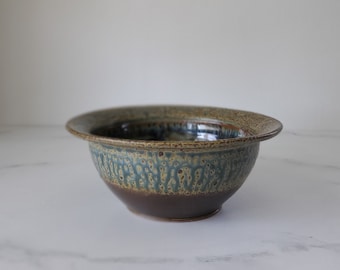 Vintage Handmade Studio Pottery Bowl - One of a Kind, Signed by Artist - Blue Green and Brown - Stamped Rim, Fruit or Serving Bowl