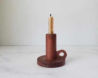 Rustic Chunky Wood Chamberstick - 1970s handmade mod solid wood folk taper candle holder - Only one left