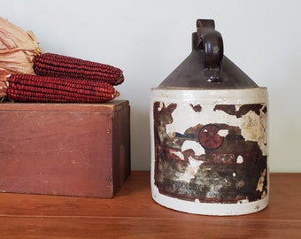 JOS MIDDLEBY JR cherry syrup 1 gallon jug with original wood stopper and 70% in tact label - early 20th century antique stoneware container