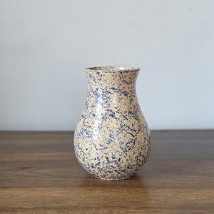 Studio Pottery Blue and White Spongeware Vase: Handmade, Signed