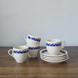 RARE S/4 1940s Blue and White Demitasse Cups + Saucers: Syracuse Onondaga Pottery Company