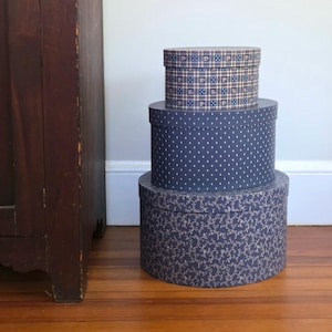 Large Oval Stacking/Nesting Hat Boxes in Calico Prints: Dusty Blue and Pink, Storage Containers