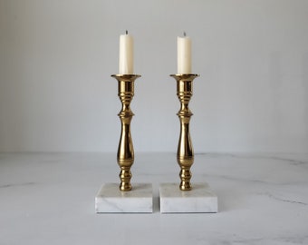 Vintage Brass Candlestick Pair with Square Marble Base - Set of 2 - White Marble, Solid Brass, Elegant, Traditional Home Decor