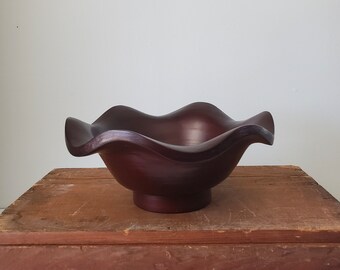 Wavy Wood Decorative Bowl - VINTAGE - Dark Brown Ruffle Edge, Scalloped Border, Fruit Bowl, Small to fit on shelf