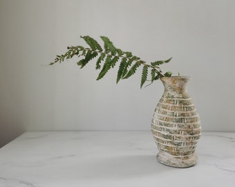 1980s Mexican Pottery Vase - Earthenware, Stoneware, Aged Patina Look, Mossy Green, Textured Pattern