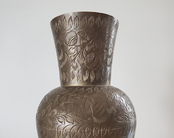 Indian Etched Brass Vase - Solid Brass, Etched Leaves and Flower designs all over, Vase or Flower Arranging Vessel