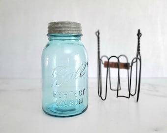 Ball Mason Jar with Zinc lid in Wire carrying bail, 1920s or 1930s Antique BALL perfect Mason jar with original zinc lid,- A643