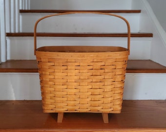 1990 Signed Longaberger Magazine Basket on Feet with Swinging Handle - Vintage, Natural, Handwoven Storage Organization Basket