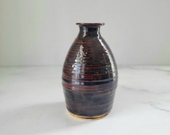 Dark Brown Shiny Glaze Ribbed Handthrown Vase - Art Pottery Vase, Neutral Modern Home Decor