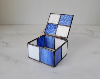 1975 Handmade Blue and White Stained Glass Box - Signed by Artist, Brass Chain, Mod Grid Jewelry or Storage Box