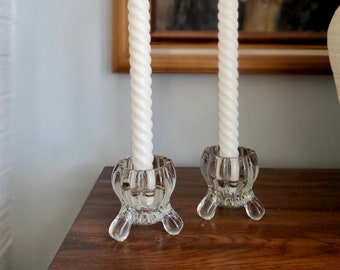 Footed + Scalloped Glass Candle Holders - Set of 2, a pair - Takes Standard Taper Candles, Unique shape, Modern and Vintage Appeal