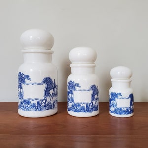 Set of 3 milk glass apothecary jars, made in Belgium, 1960s or 1970s, blue transferware, romantic carriage and horse scenes image 1