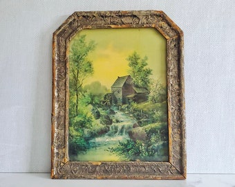 Vintage Framed water mill print in rustic, chippy frame - Solid Wood Frame, Glass, Vintage Print, Ready to Hang - A298