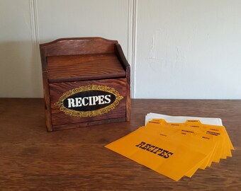 Hanging Wood Recipe Box - retro Mid-century, 1970s, New in Box - With Original Dividers and Recipe Cards - Dead Stock -A116